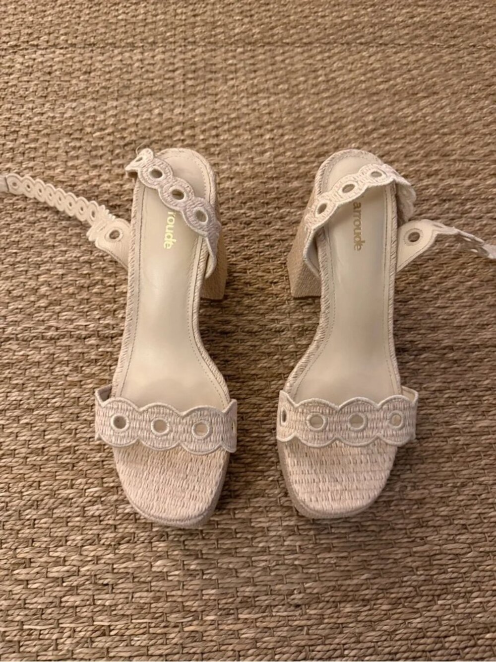 Larroude Dolly Broderie Sandal in Natural Raffia Scallop Block Heel